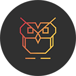 logo de la chouette agence, une chouette dessinée avec des traits oranges sur un fond noir