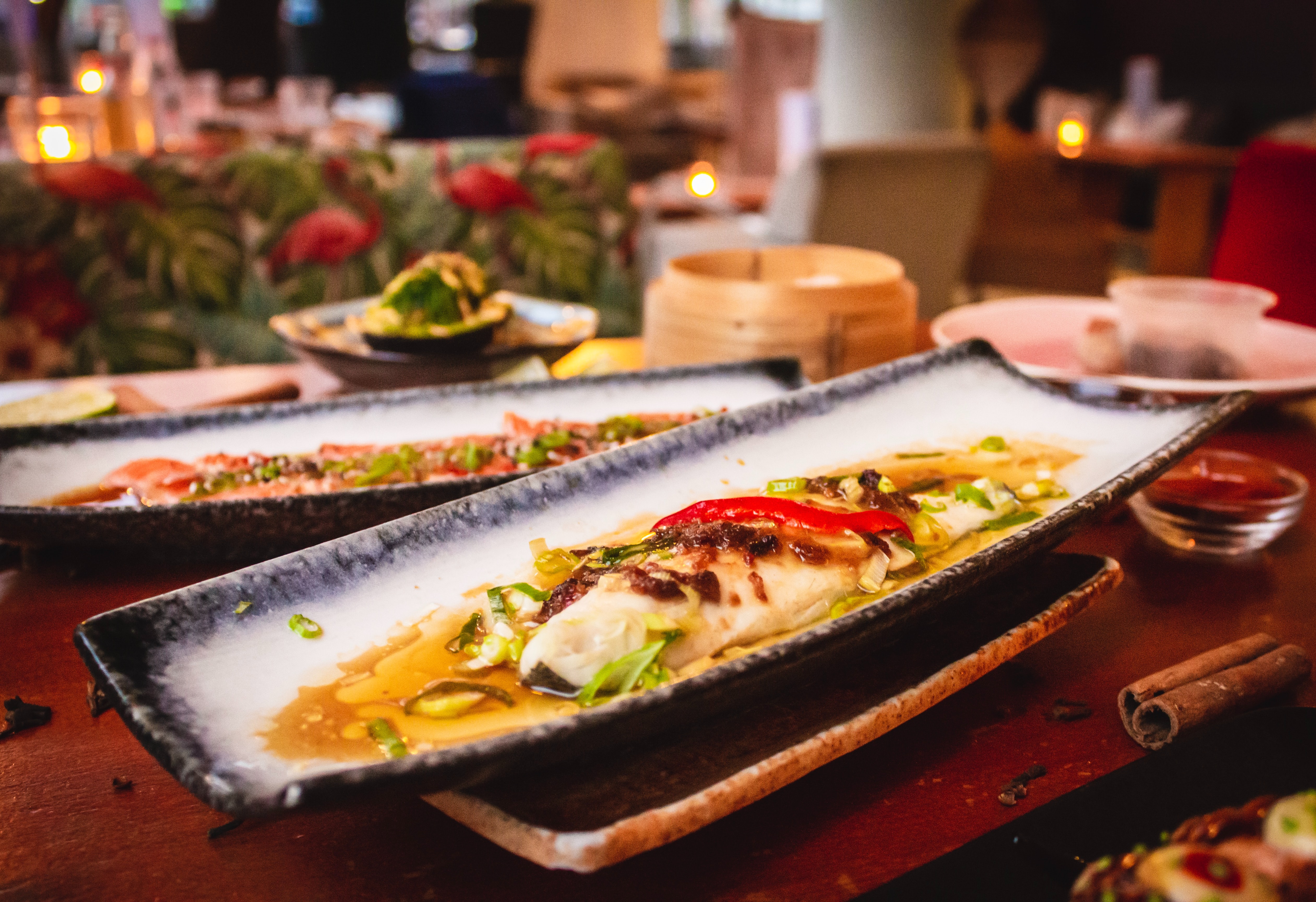 A dish served on a rectangular plate